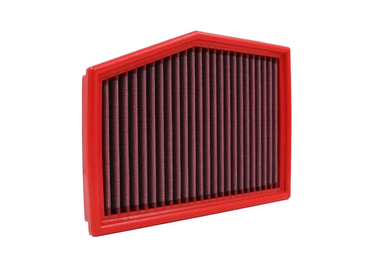 BMC FB140/01 red cotton replacement panel air filter, shaped upright three-quarter view