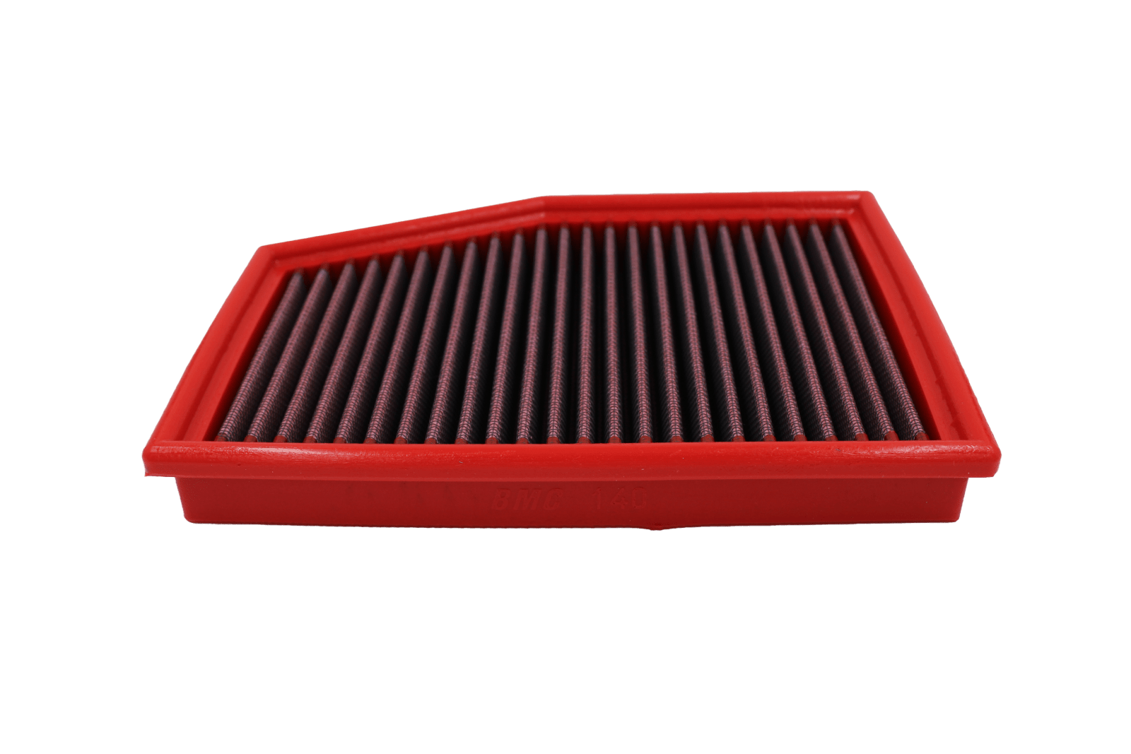 BMC FB140/01 red cotton replacement panel air filter, upright three-quarter view