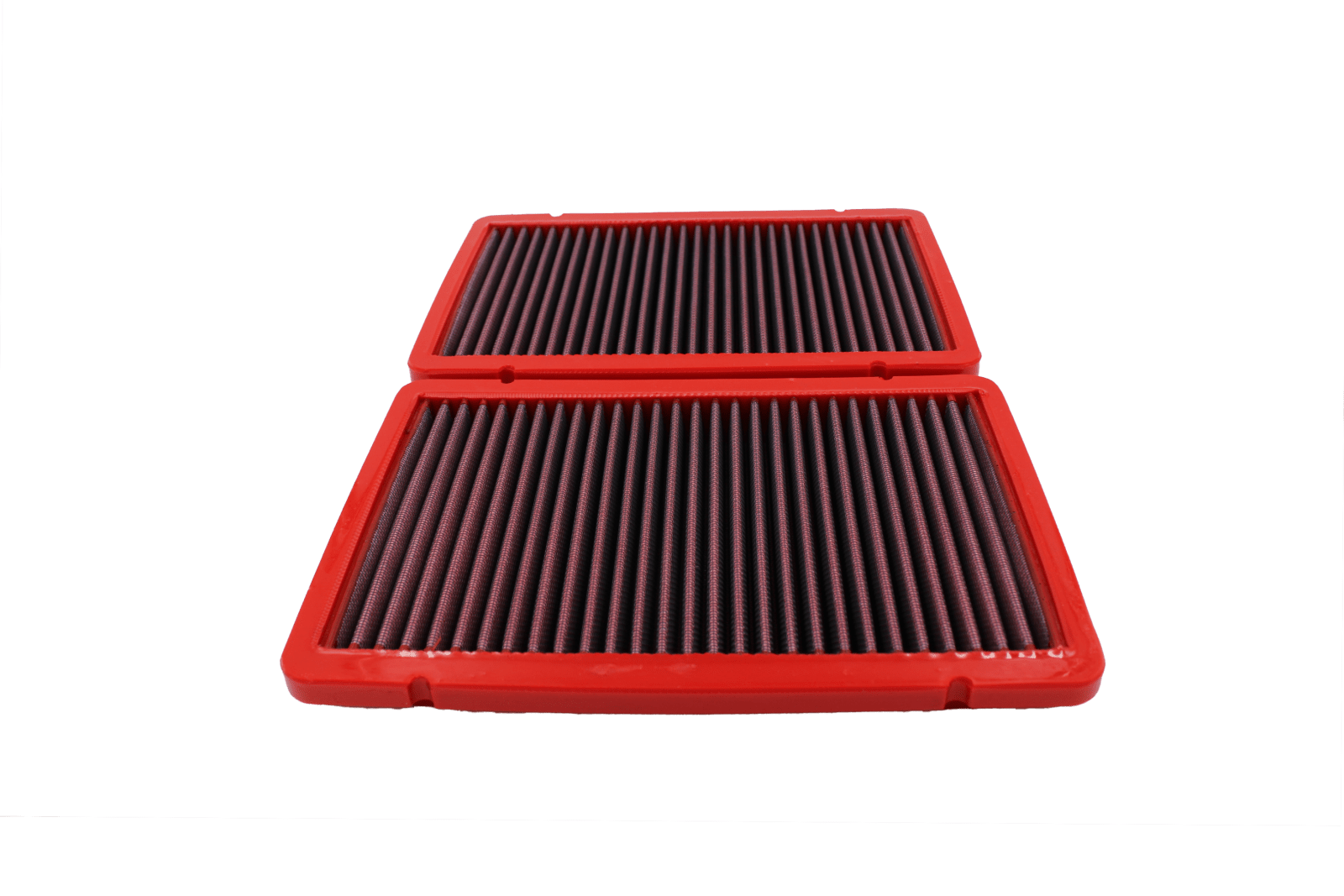 BMC FB208/03 red cotton replacement panel air filter, two-filter stacked low three-quarter view