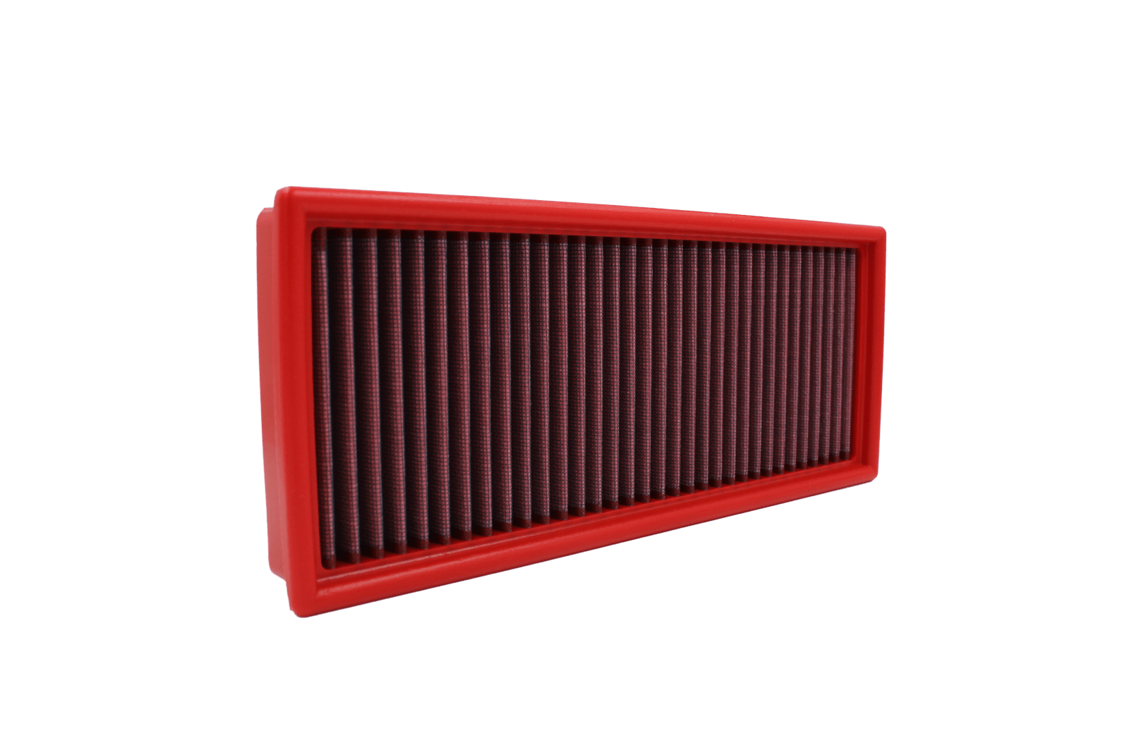 BMC FB224/01 red cotton replacement panel air filter, upright three-quarter view
