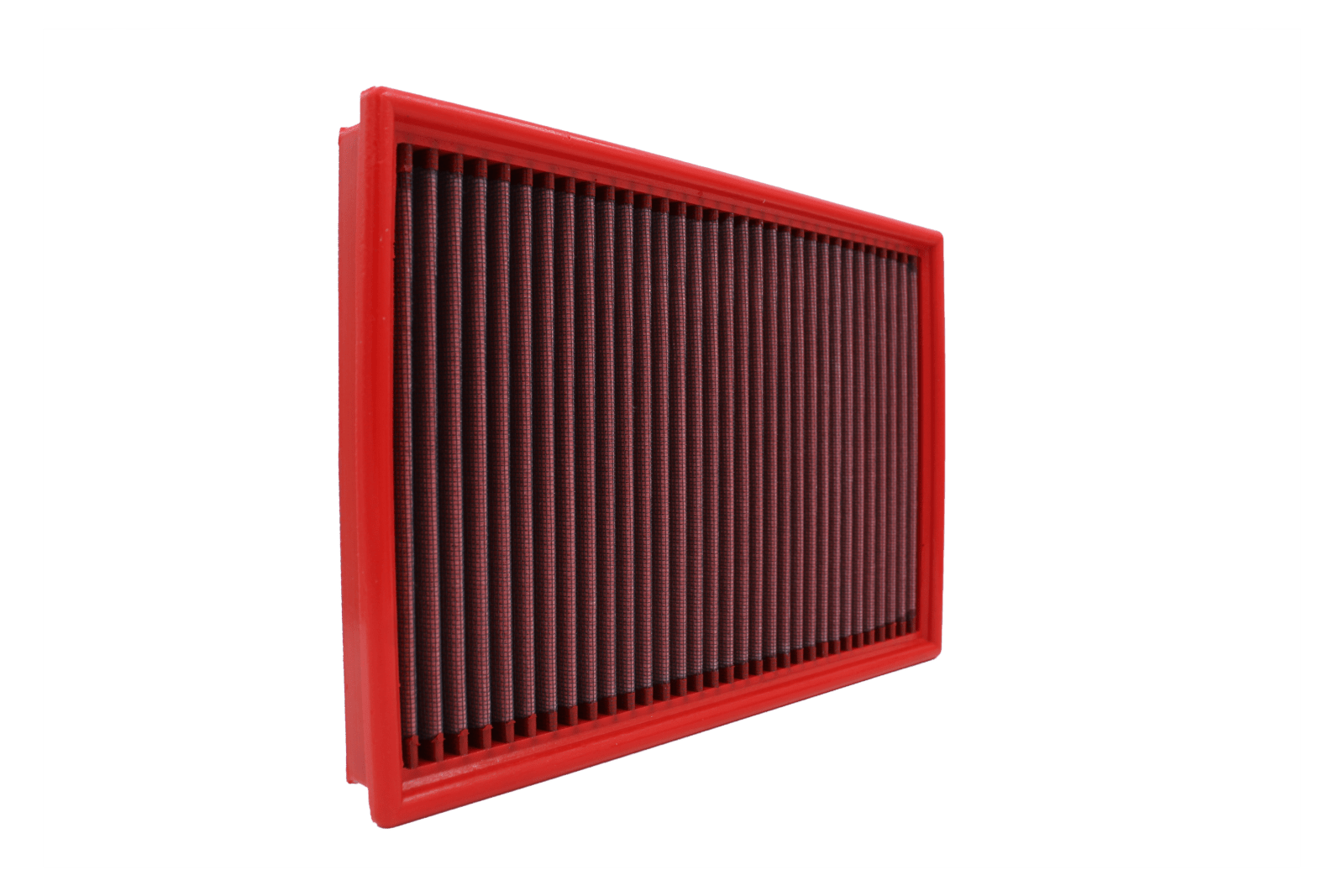BMC FB238/01 red cotton replacement panel air filter, upright three-quarter view