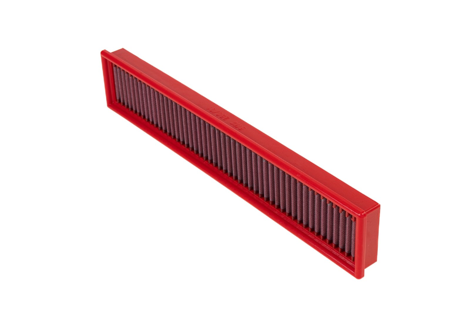 BMC FB260/01 red cotton replacement panel air filter, upright frame-depth view