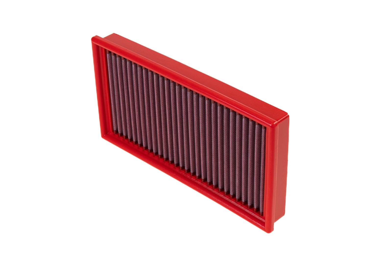 BMC FB269/01 red cotton replacement panel air filter, upright three-quarter view