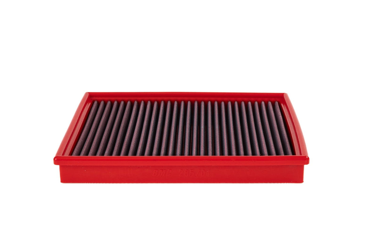 BMC FB285/01 red cotton replacement panel air filter, low front three-quarter view
