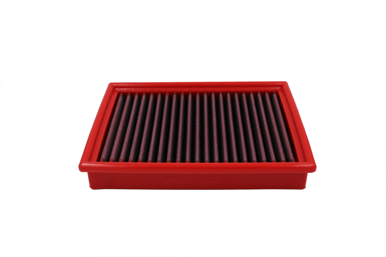 BMC FB297/01 red cotton replacement panel air filter, low three-quarter view