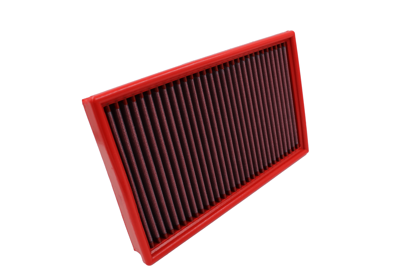 BMC FB305/01 red cotton replacement panel air filter, upright three-quarter view