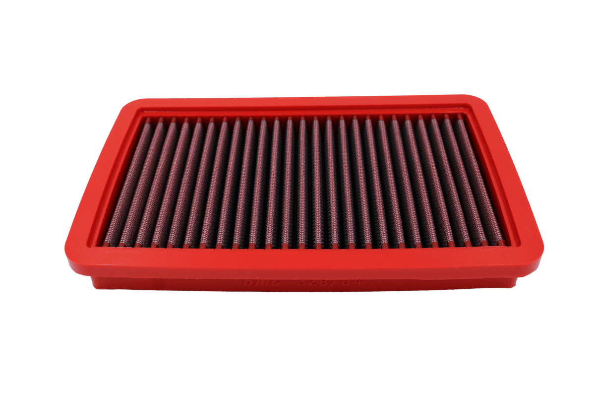 BMC FB328/04 red cotton replacement panel air filter, low front three-quarter view