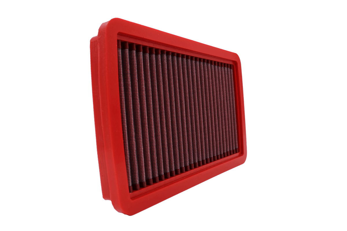 BMC FB328/04 red cotton replacement panel air filter, upright three-quarter view