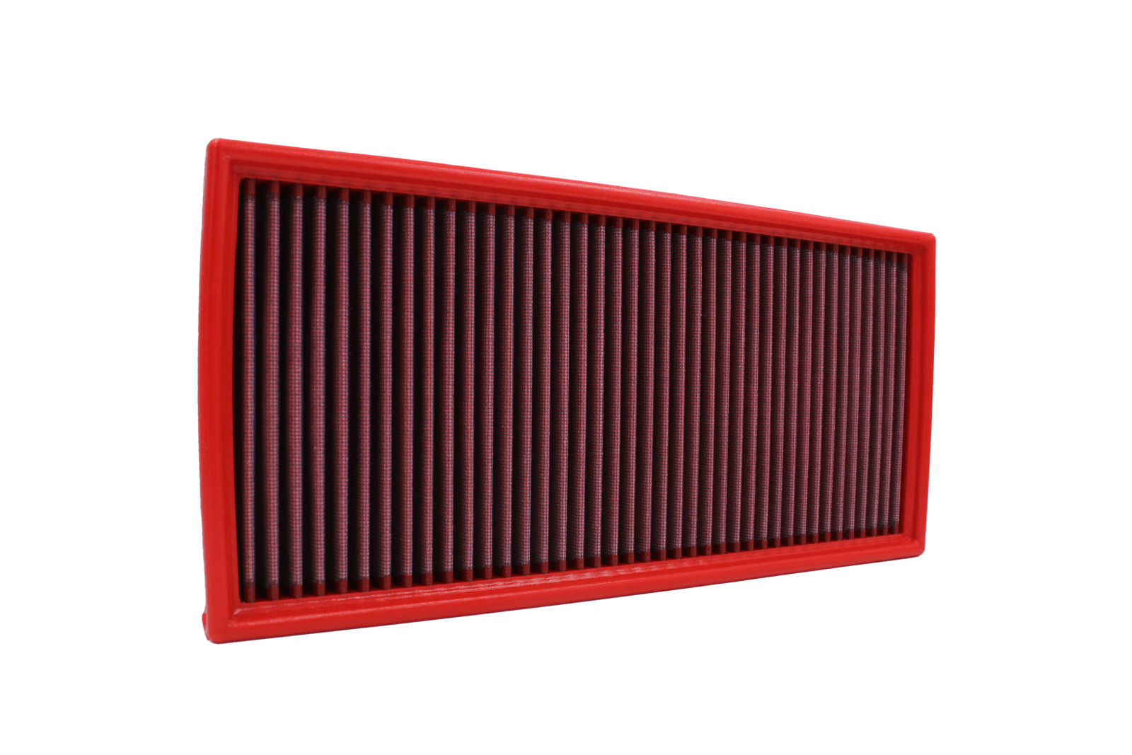 BMC FB335/01 red cotton replacement panel air filter, upright three-quarter view