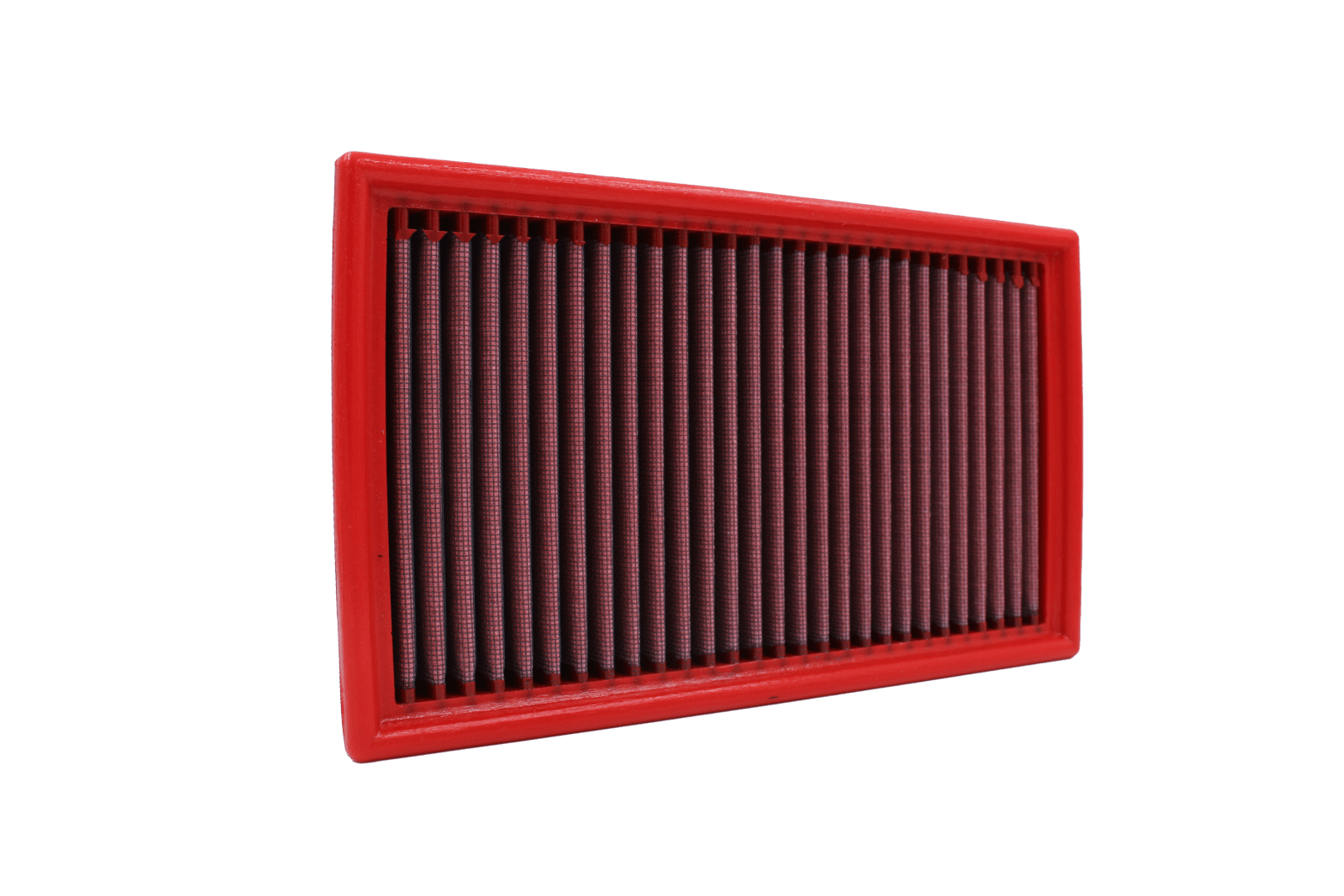 BMC FB345/01 red cotton replacement panel air filter, upright three-quarter view