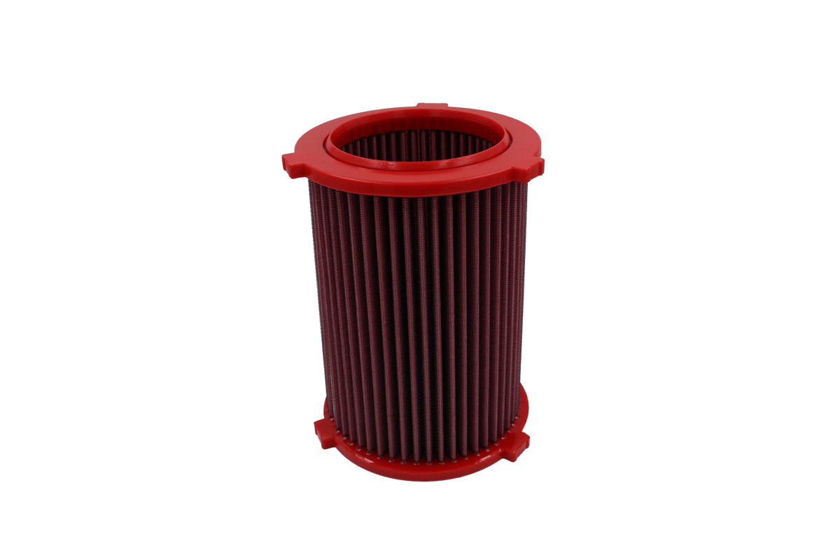 BMC FB349/12 red cotton replacement cylindrical air filter, upright side view