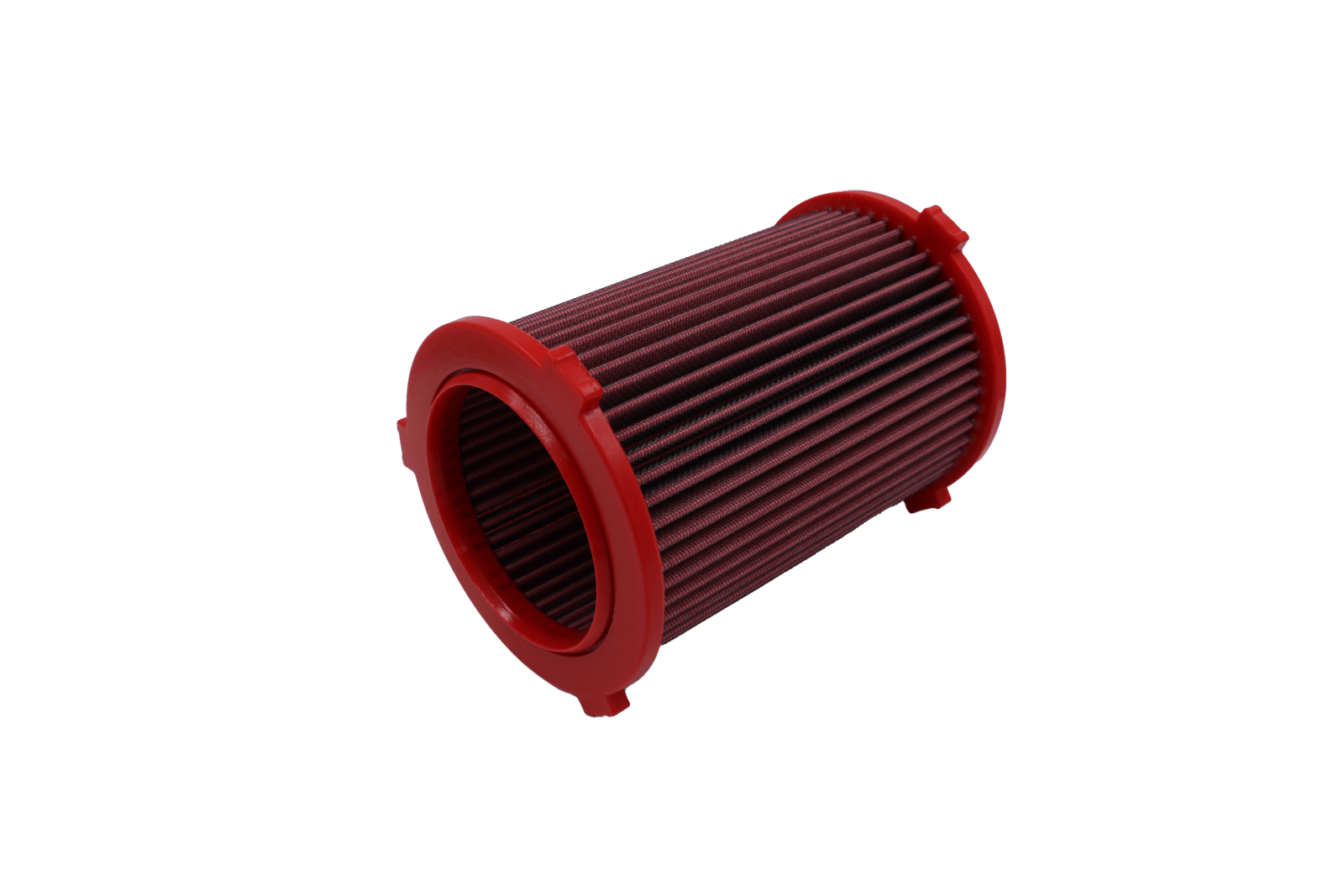 BMC FB349/12 red cotton replacement cylindrical air filter, inlet-end three-quarter view