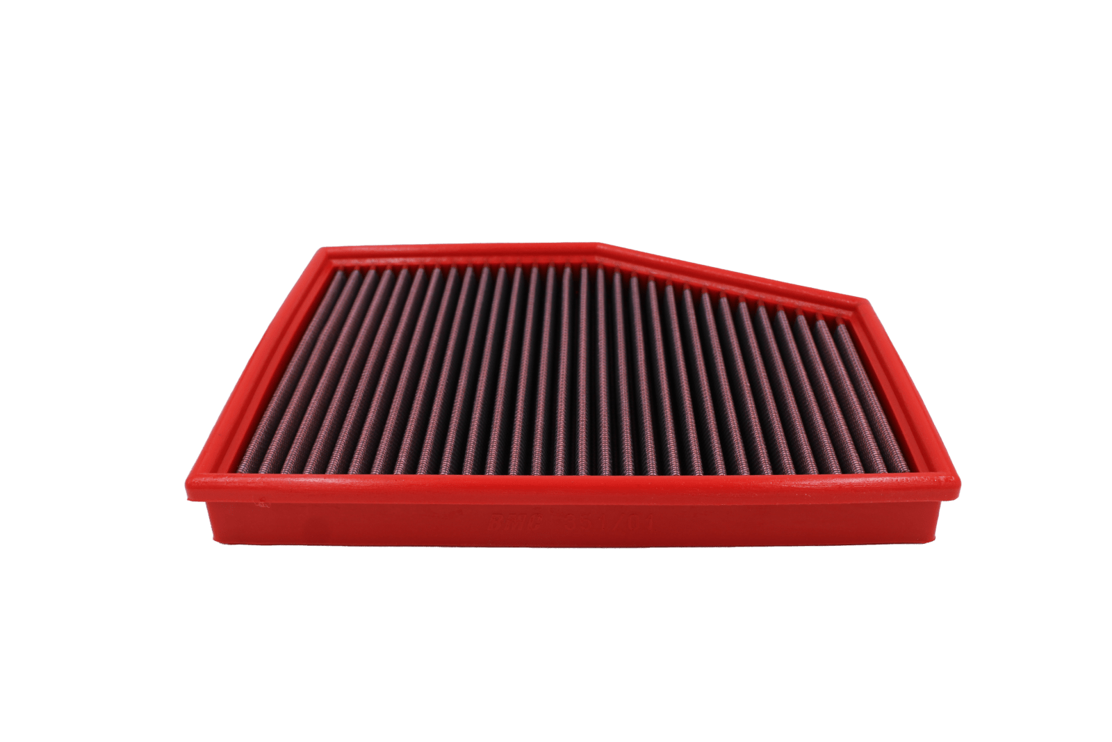 BMC FB351/01 red cotton replacement panel air filter, low three-quarter view