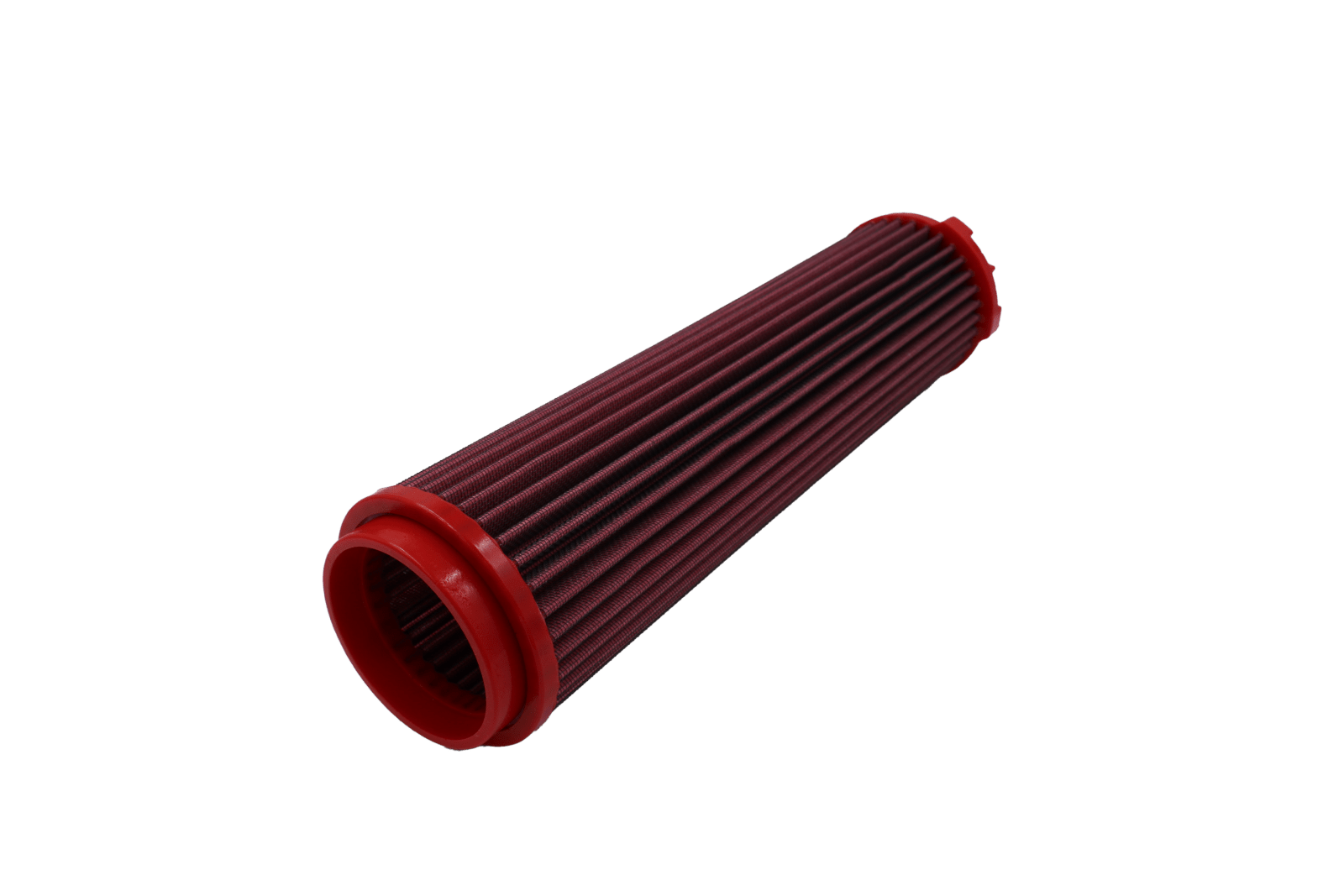 BMC FB357/16 red cotton replacement cylindrical air filter, inlet-end three-quarter view