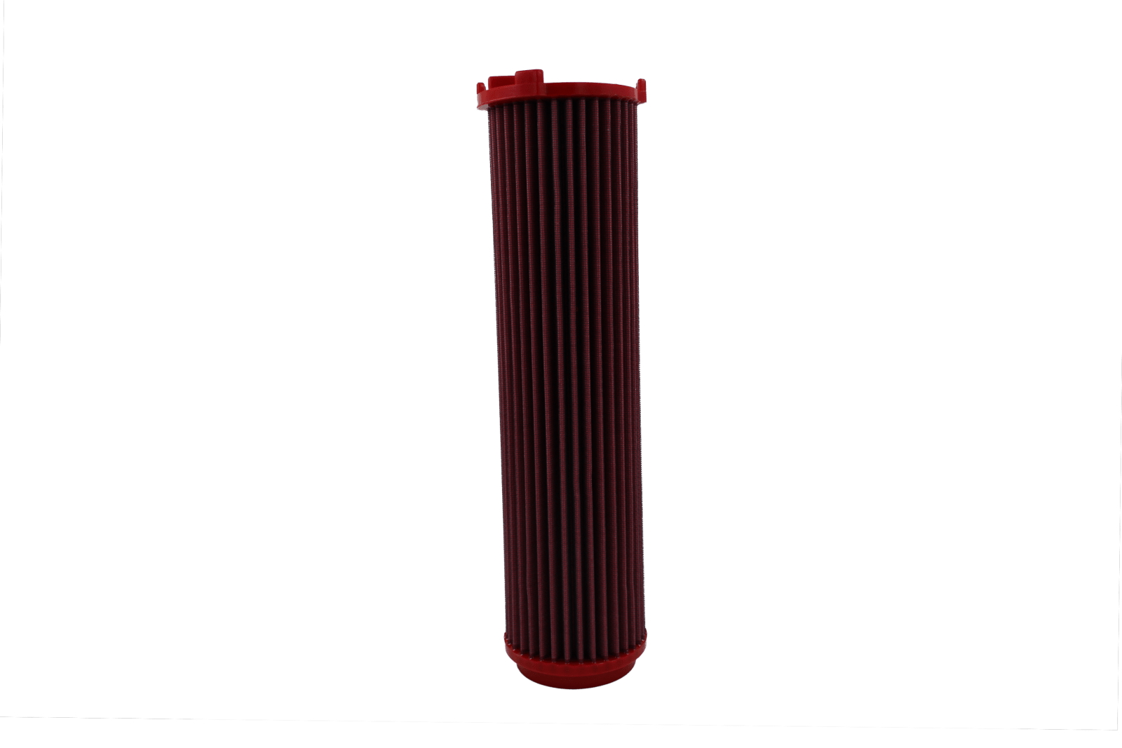 BMC FB357/16 red cotton replacement cylindrical air filter, upright side view