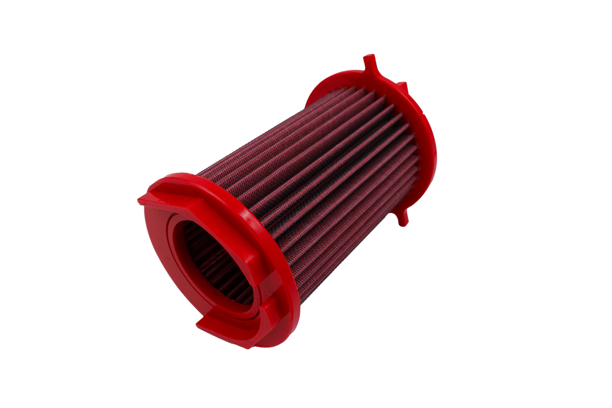 BMC FB396/08 red cotton replacement cylindrical air filter, inlet-end three-quarter view