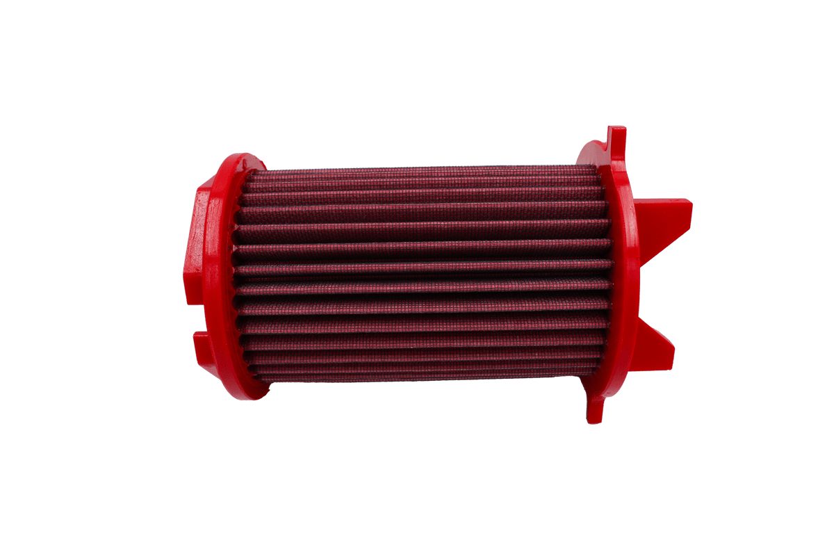 BMC FB396/08 red cotton replacement cylindrical air filter, side-profile view