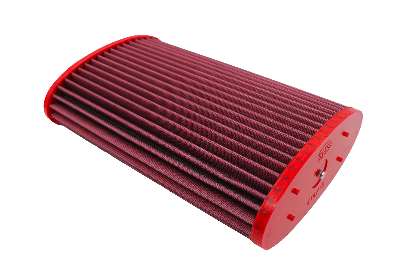 BMC FB416/16 red cotton replacement air filter assembly, assembly outlet-end three-quarter view