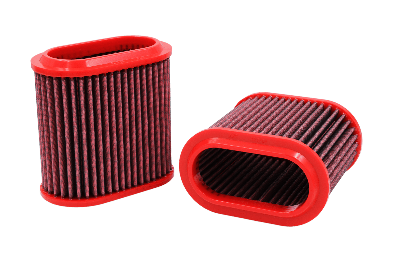 BMC FB422/08 red cotton replacement air filter assembly, two-filter assembly three-quarter view
