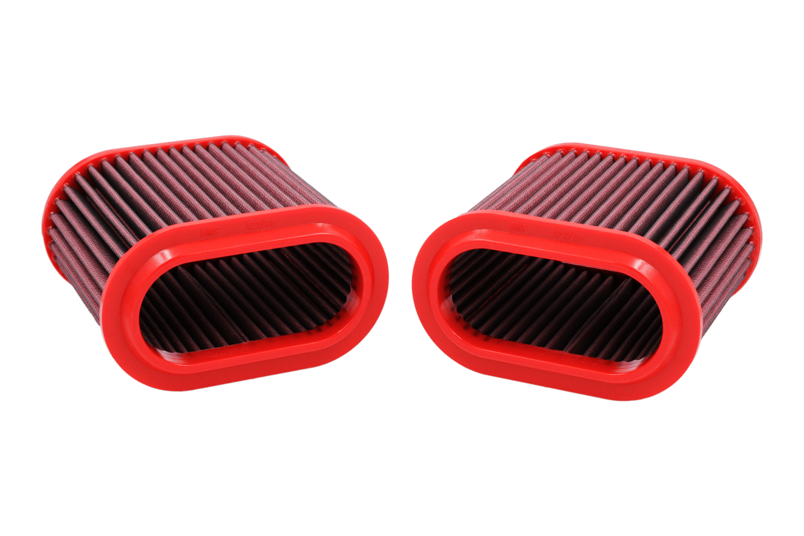 BMC FB422/08 red cotton replacement air filter assembly, two-filter inlet-end view