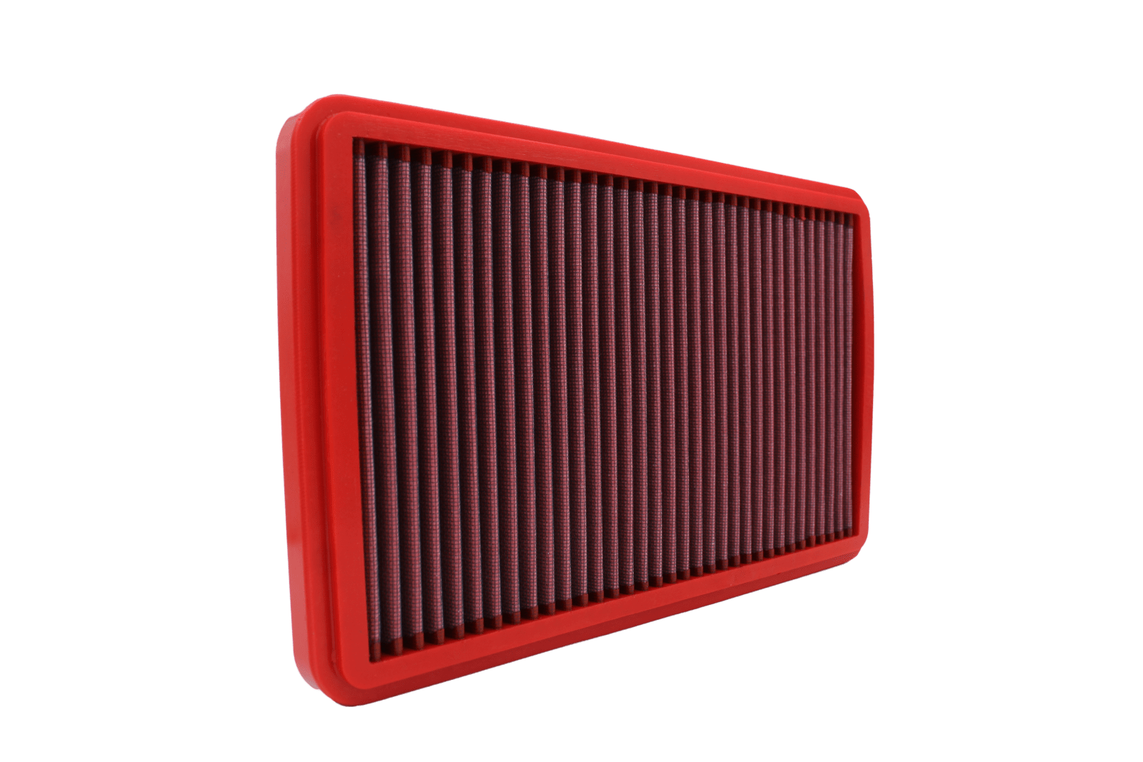 BMC FB437/08 red cotton replacement panel air filter, upright three-quarter view