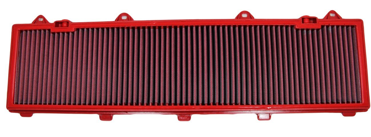 Red BMC panel air filter FB473/04 for a Porsche 911 (997) Turbo, GT2, and GT3 RS — washable high-flow OEM-fit replacement.