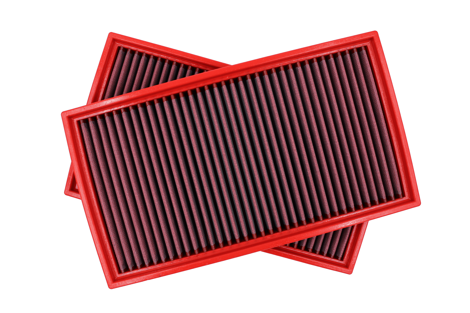 BMC FB487/20 red cotton replacement panel air filter, two-filter crossed three-quarter view