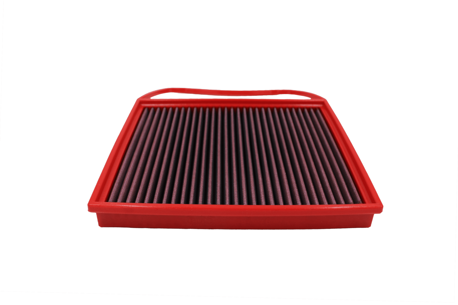 BMC FB494/20 red cotton replacement panel air filter, handled low three-quarter view