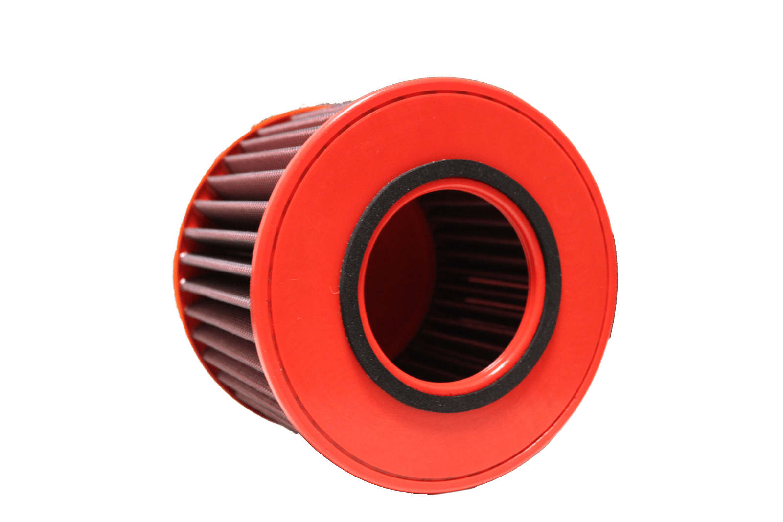 BMC FB518/08 red cotton replacement cylindrical air filter, inlet-end face-on view