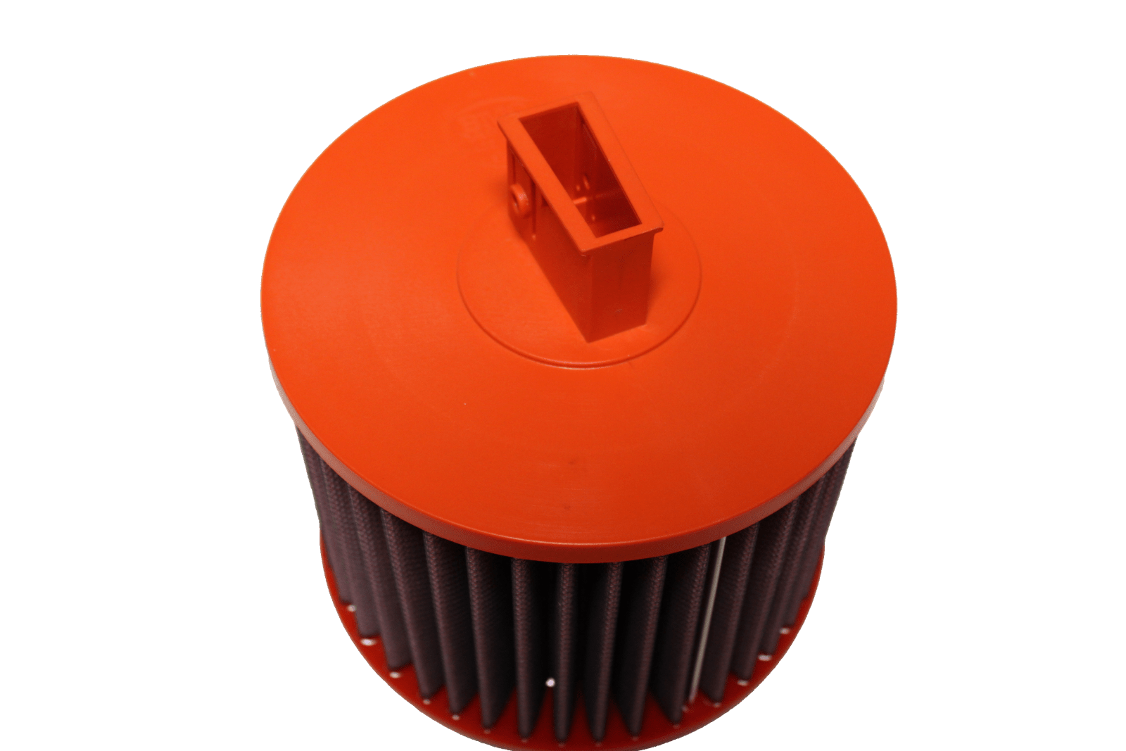 BMC FB518/08 red cotton replacement cylindrical air filter, closed-top three-quarter view
