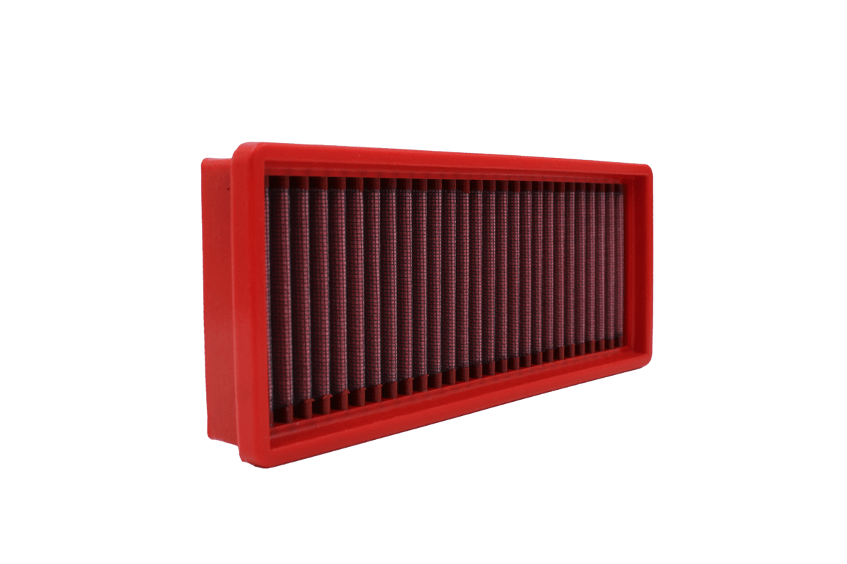 BMC FB535/20 red cotton replacement panel air filter, upright three-quarter view