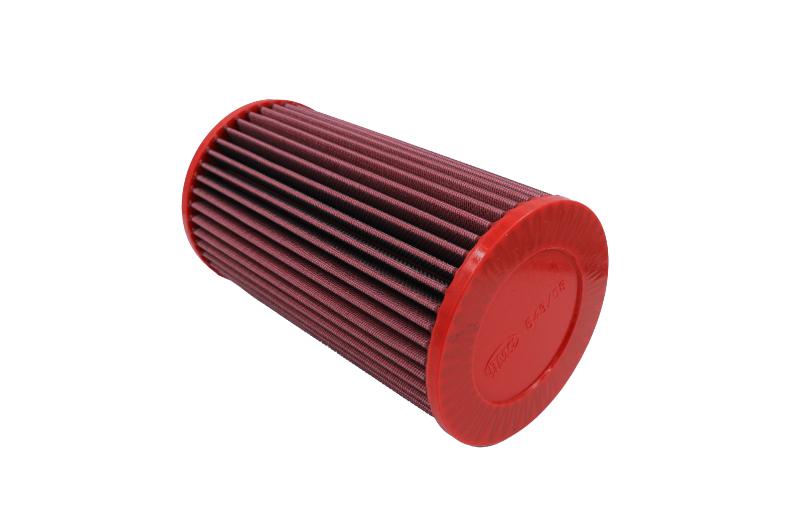 BMC FB543/08 red cotton replacement cylindrical air filter, closed-end three-quarter view