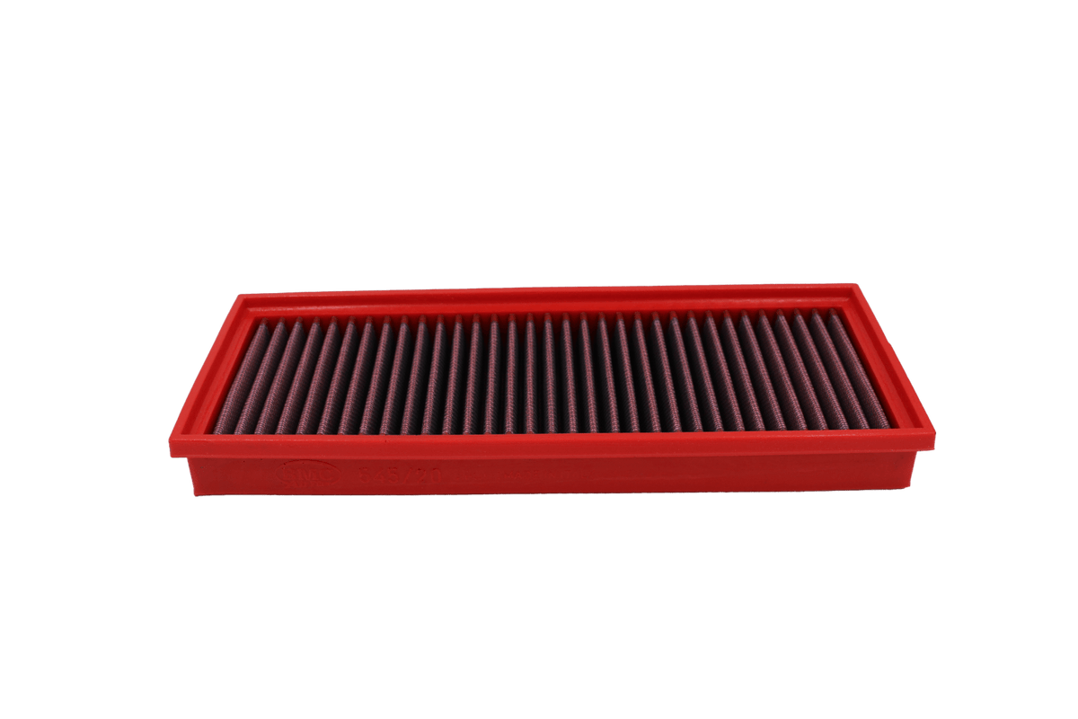 BMC FB545/20 red cotton replacement panel air filter, low three-quarter view