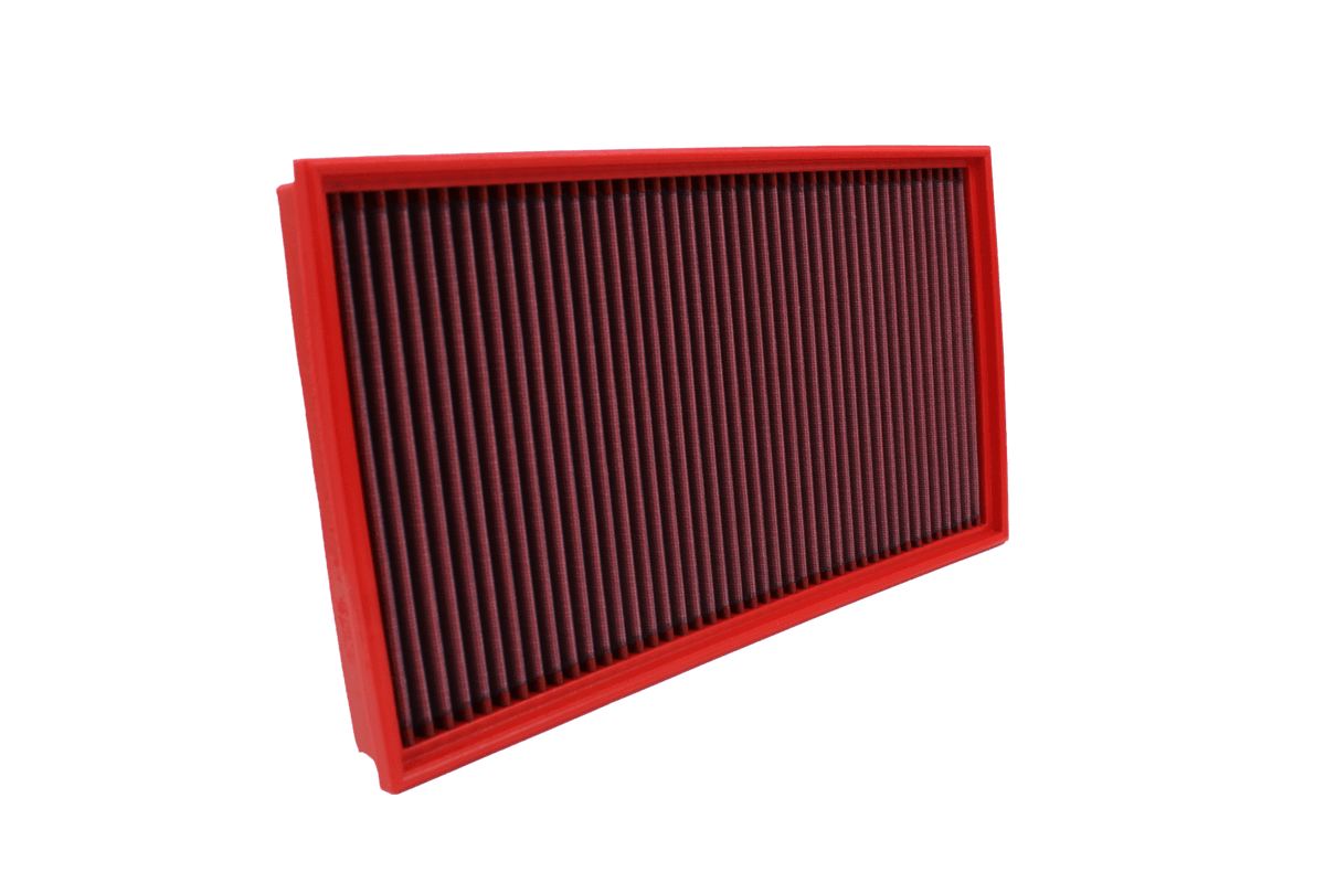 BMC FB546/20 red cotton replacement panel air filter, upright three-quarter view