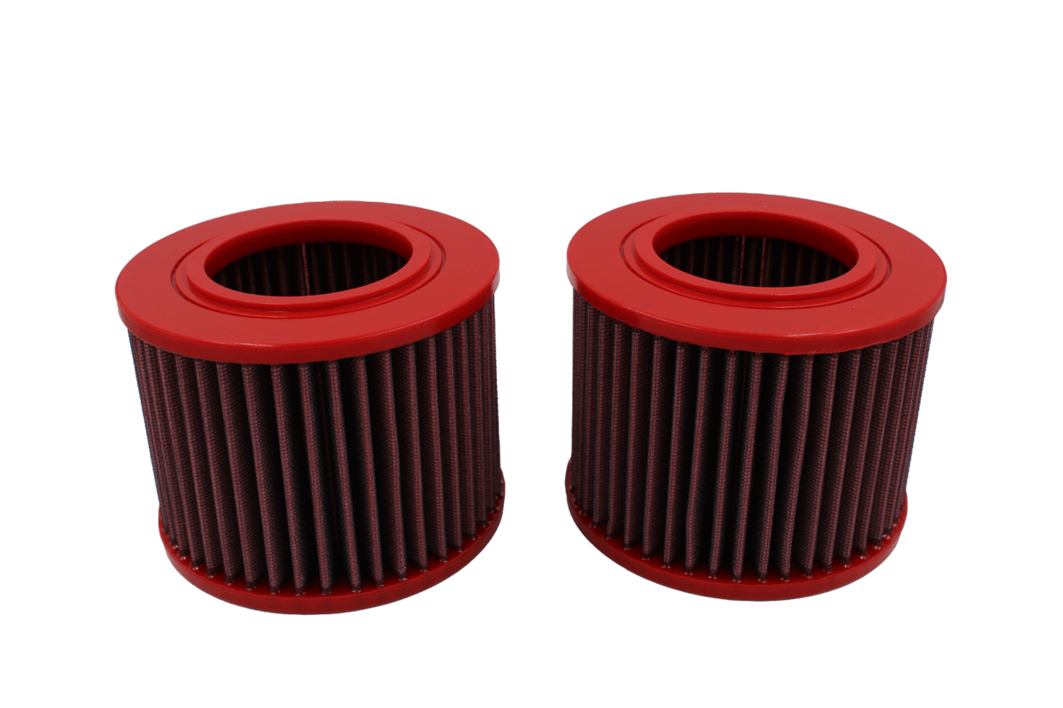 BMC FB562/08 red cotton replacement cylindrical air filter, two-filter upright side view