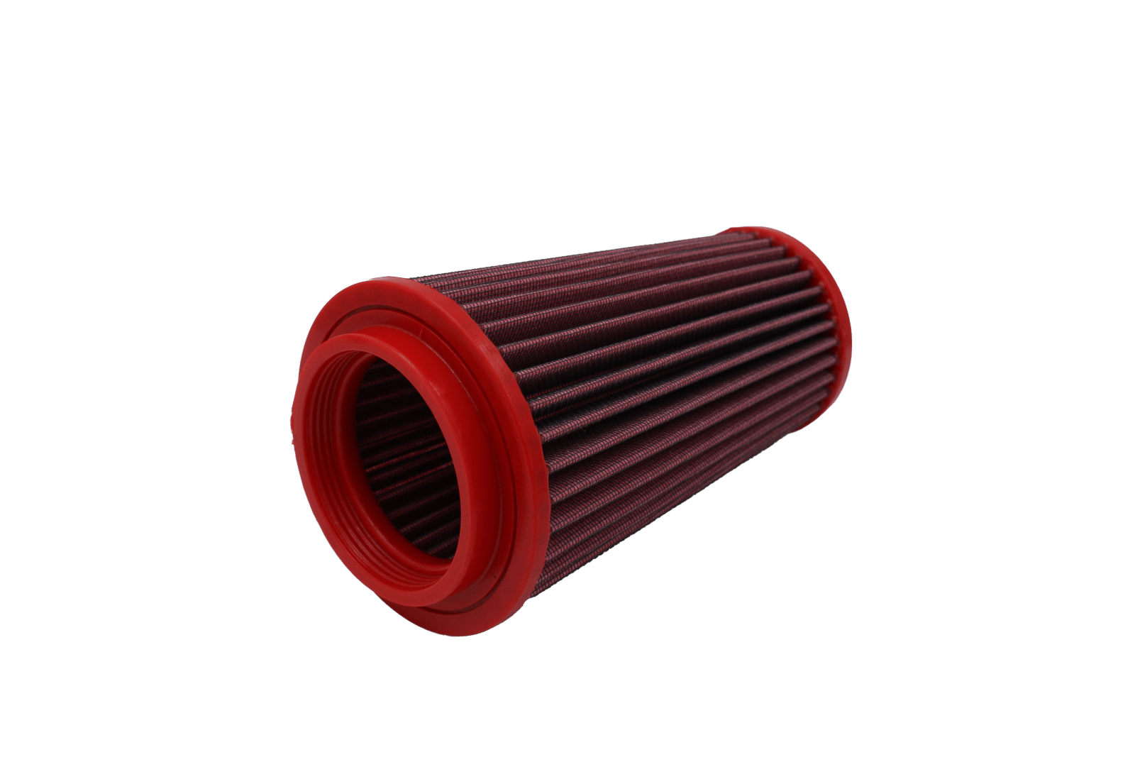BMC FB687/08 red cotton replacement cylindrical air filter, inlet-end three-quarter view