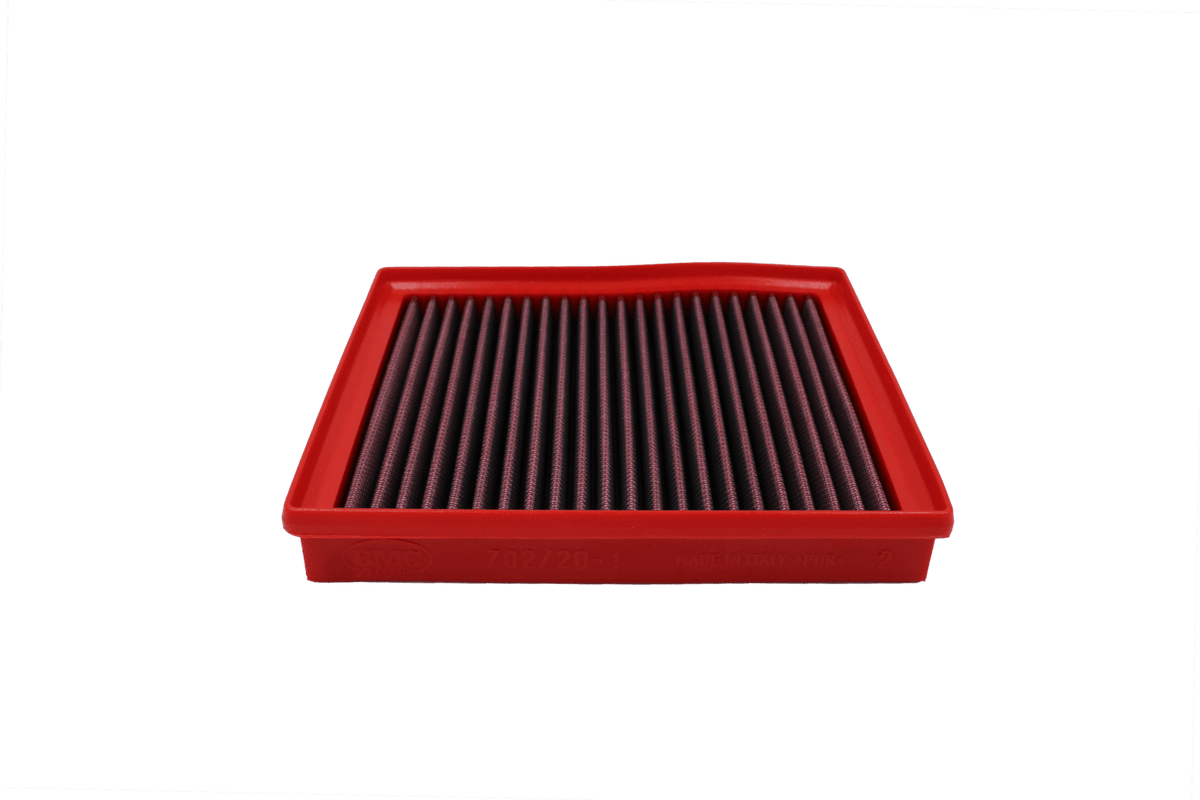BMC FB702/20 red cotton replacement panel air filter, low three-quarter view