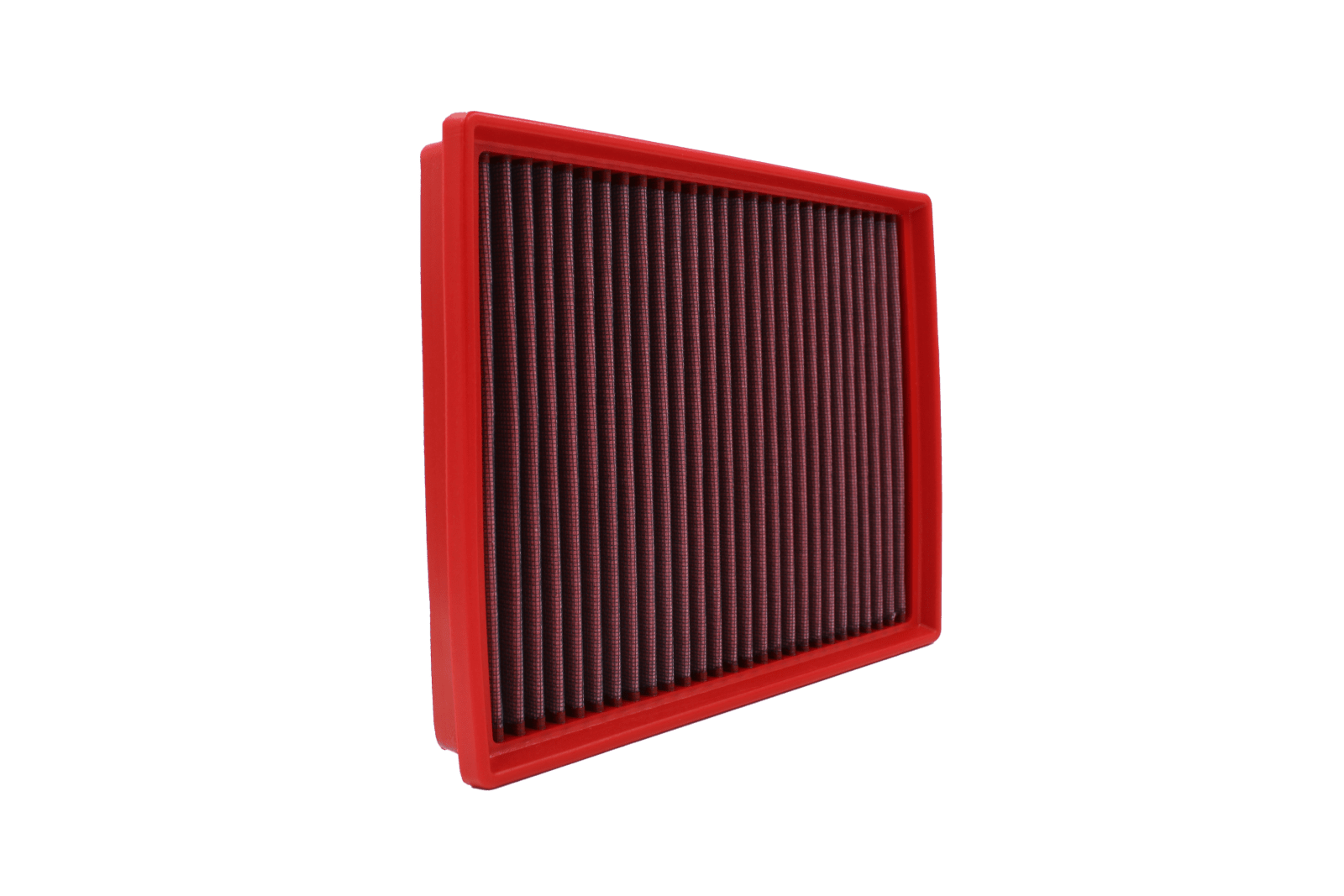 BMC FB740/20 red cotton replacement panel air filter, upright three-quarter view