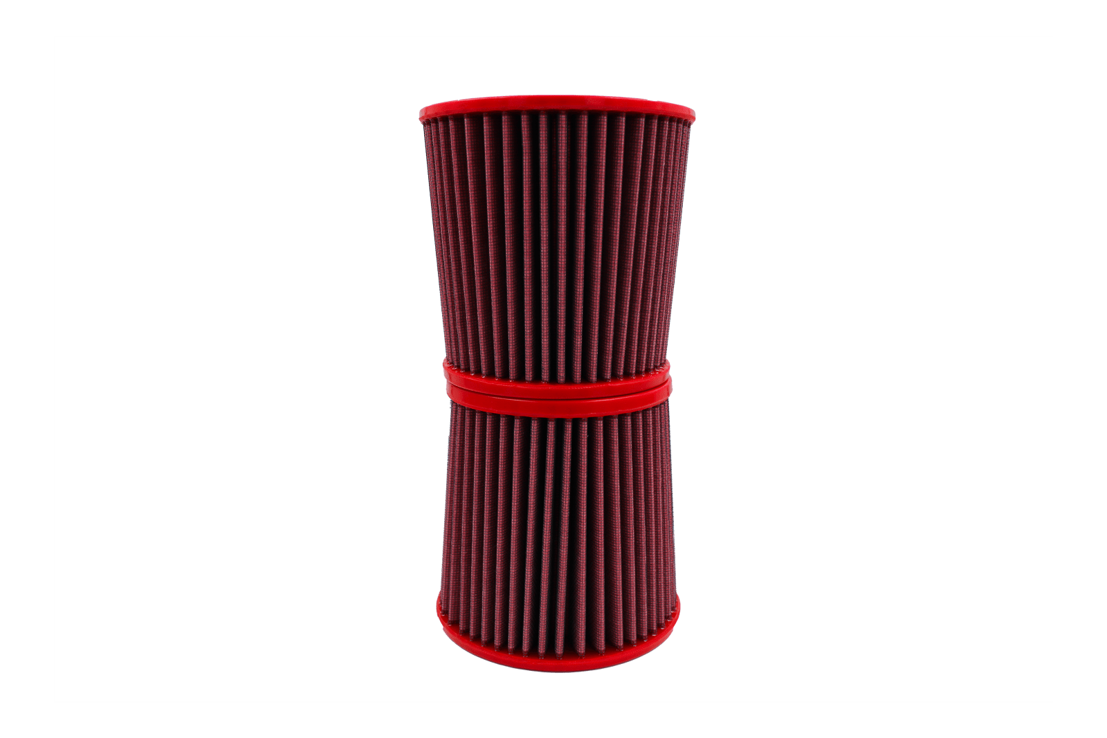 BMC FB742/08 red cotton replacement cylindrical air filter, hourglass assembly upright side view