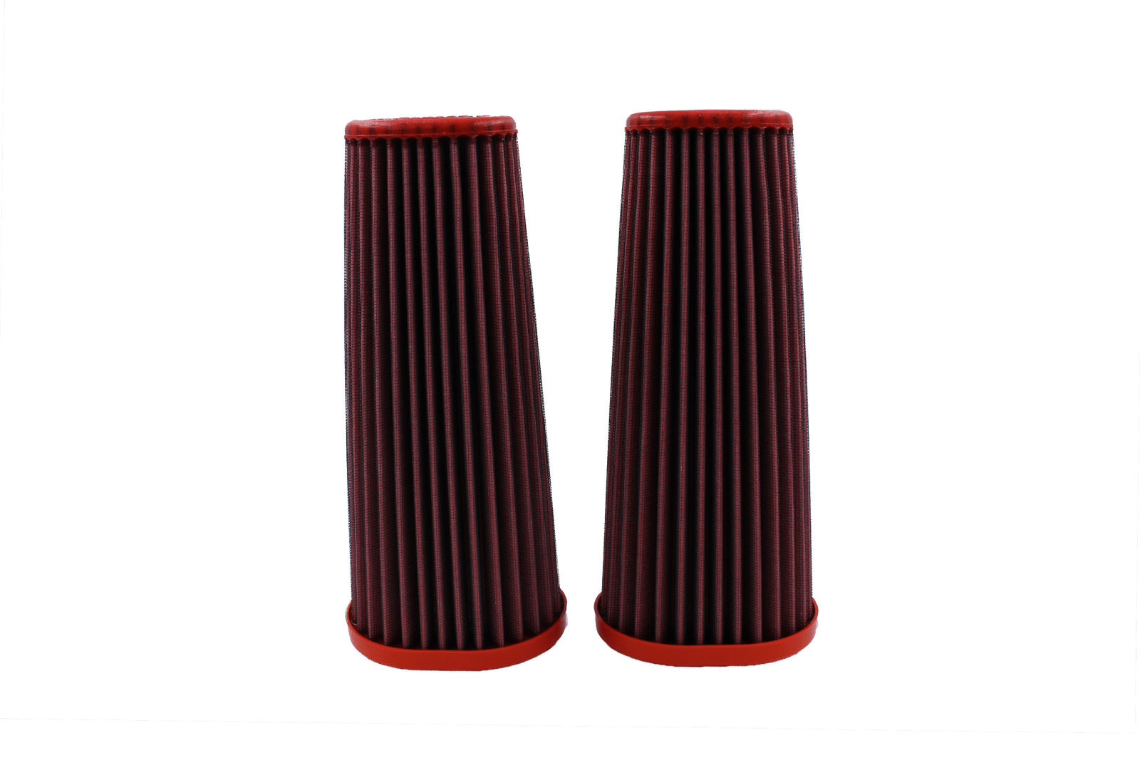 BMC FB750/04 red cotton replacement air filter assembly, two-filter upright side view