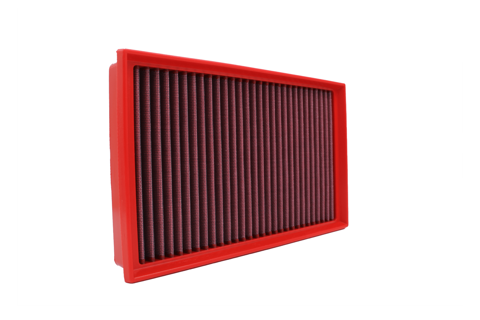 BMC FB756/20 red cotton replacement panel air filter, upright three-quarter view