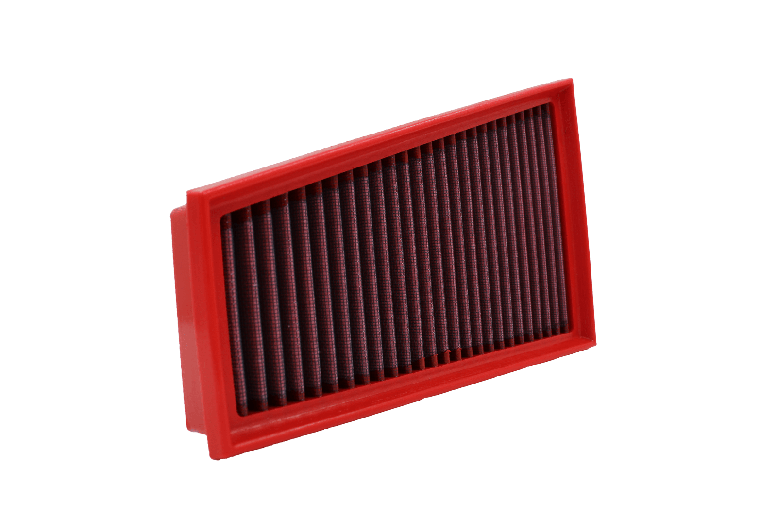 BMC FB762/20 red cotton replacement panel air filter, upright three-quarter view