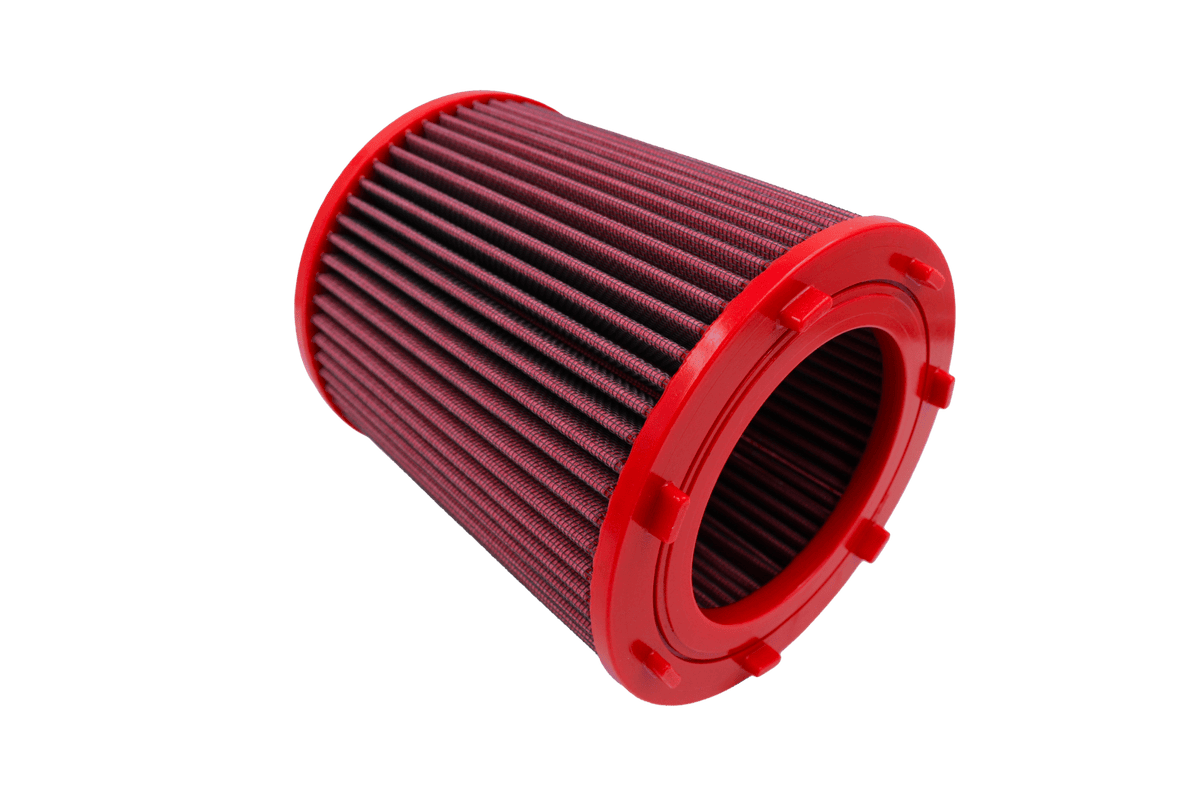 BMC FB769/08 red cotton replacement cylindrical air filter, inlet-end three-quarter view