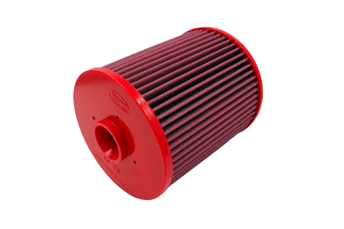 BMC FB769/08 red cotton replacement cylindrical air filter, closed-end three-quarter view