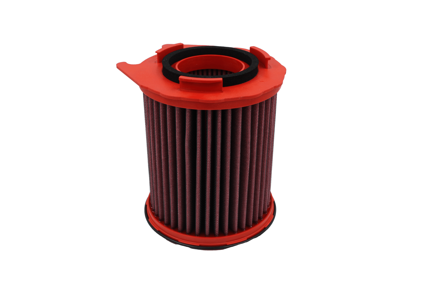 BMC FB819/04 red cotton replacement cylindrical air filter, upright side view