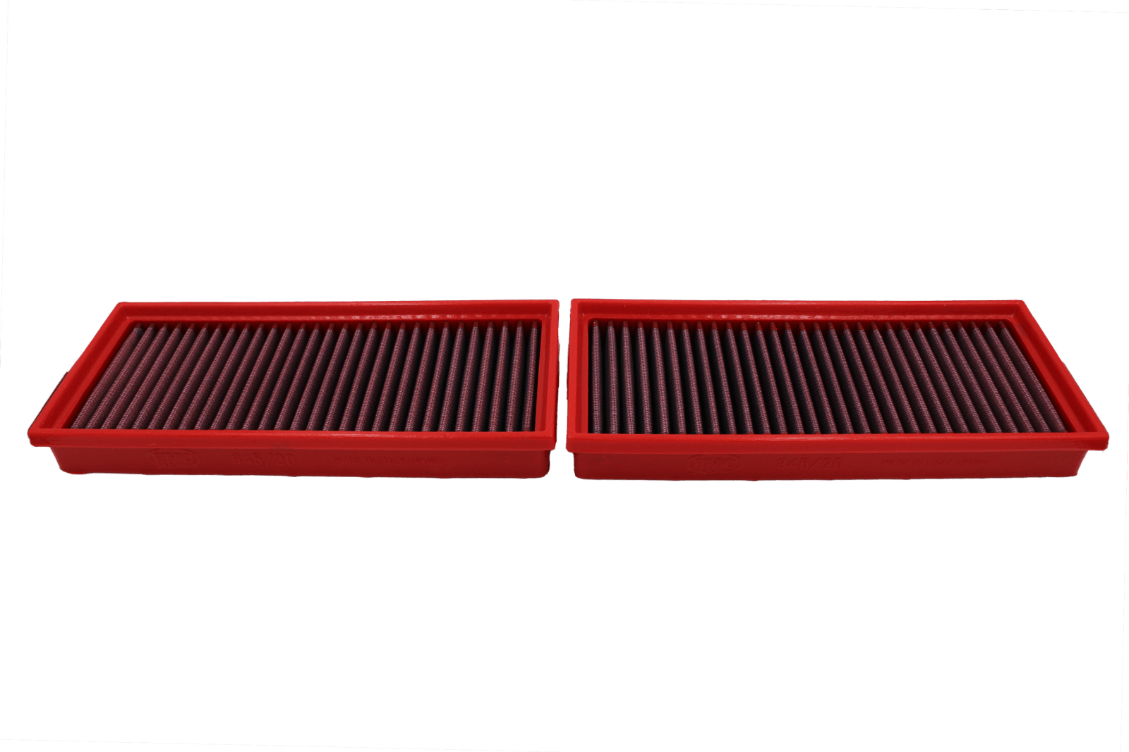 BMC FB845/20 red cotton replacement panel air filter, two-filter low three-quarter view