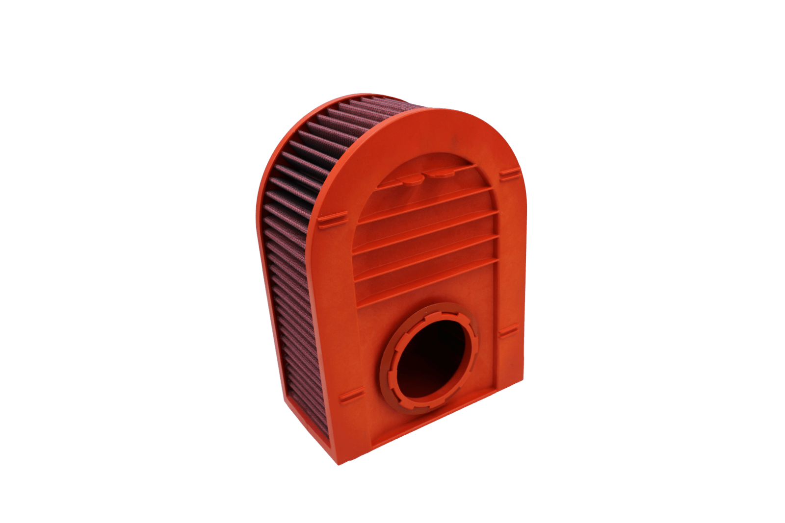 BMC FB867/04 red cotton replacement air filter assembly, assembly inlet-side three-quarter view
