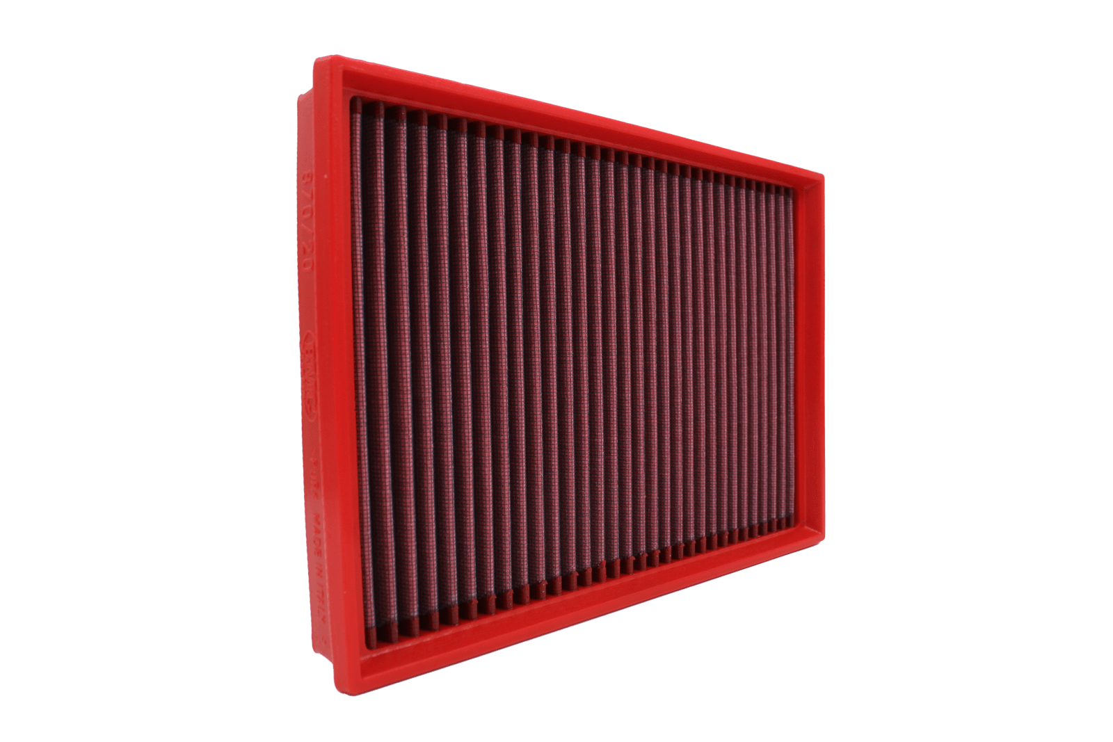 BMC FB870/20 red cotton replacement panel air filter, upright three-quarter view