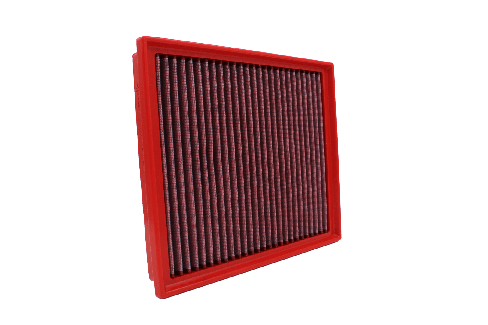 BMC FB872/20 red cotton replacement panel air filter, upright three-quarter view