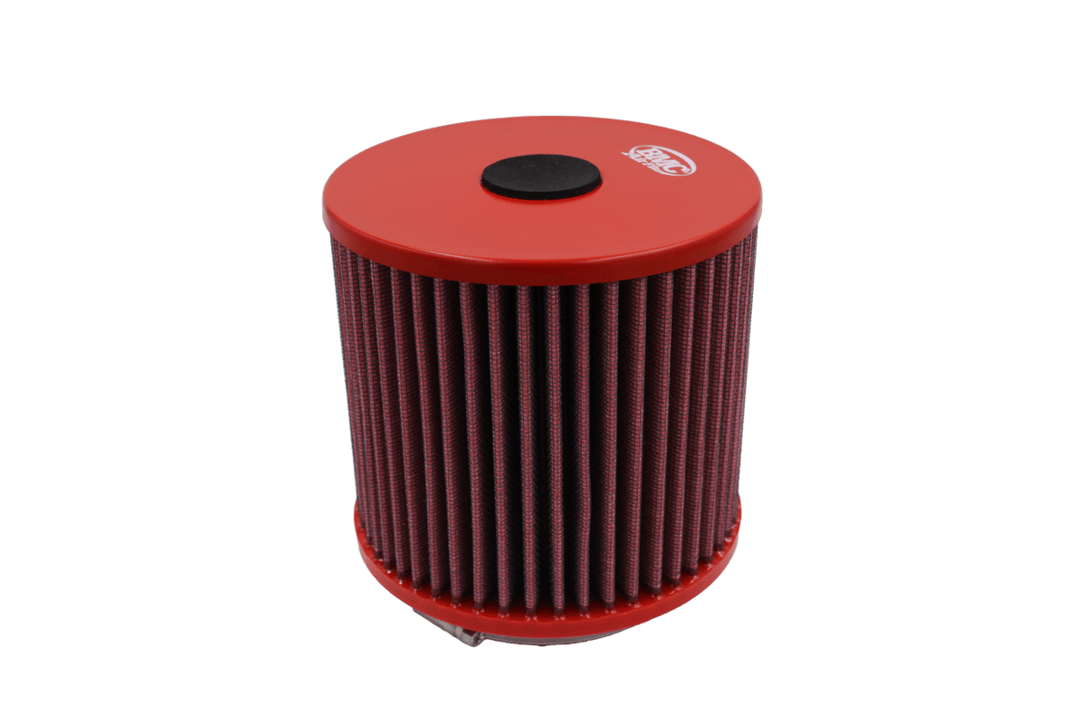 BMC FB877/08 red cotton replacement cylindrical air filter, upright side view